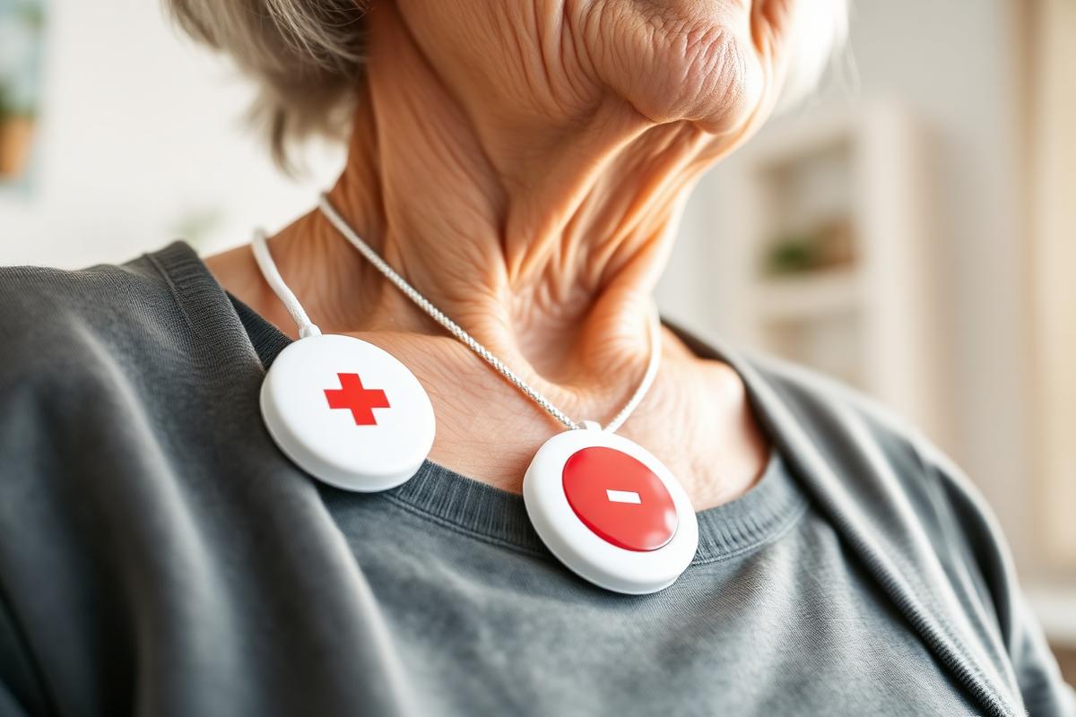 Seniorin trägt einen Hausnotruf-Sender mit rotem Knopf um den Hals
