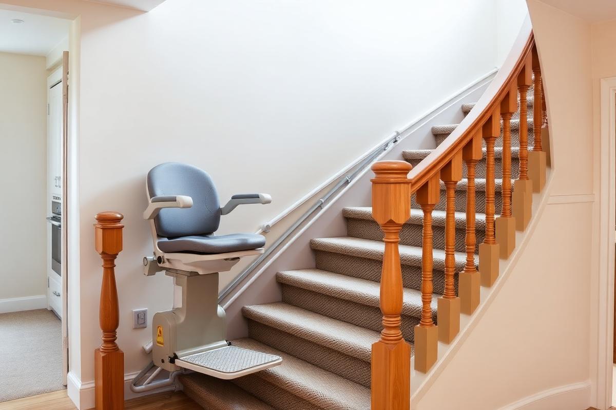 Moderner Treppenlift an einer kurvigen Treppe in einem hellen Wohnhaus